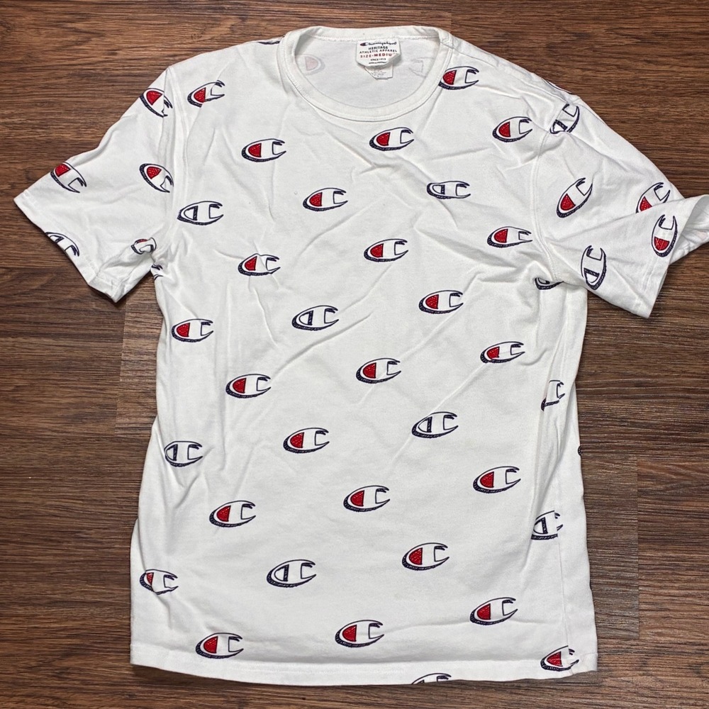 Champion Heritage All Over Logo T-Shirt Men's M White Repeat C Print Tee